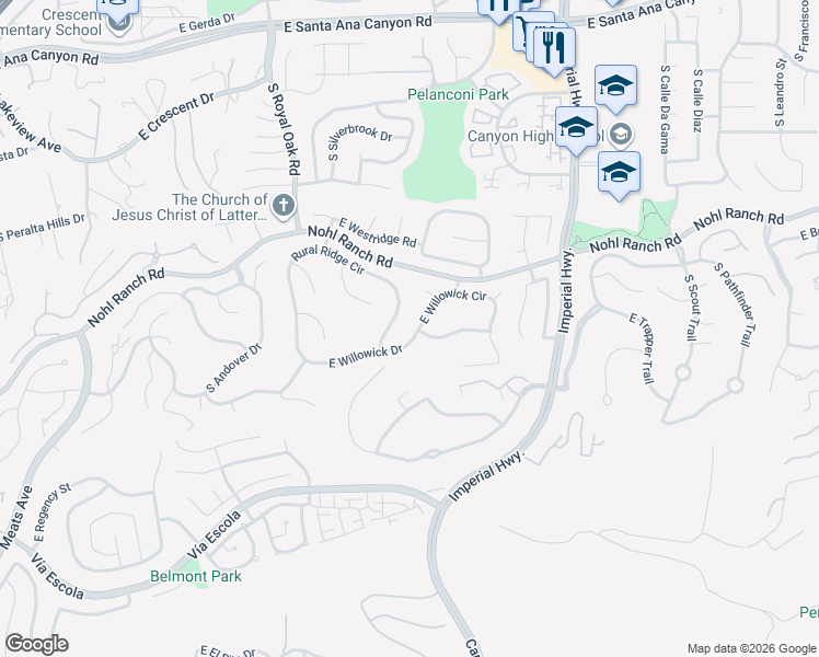 map of restaurants, bars, coffee shops, grocery stores, and more near 5407 East Willowick Drive in Anaheim