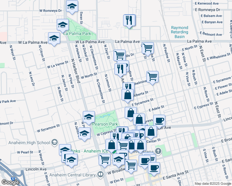 map of restaurants, bars, coffee shops, grocery stores, and more near 623 North Zeyn Street in Anaheim