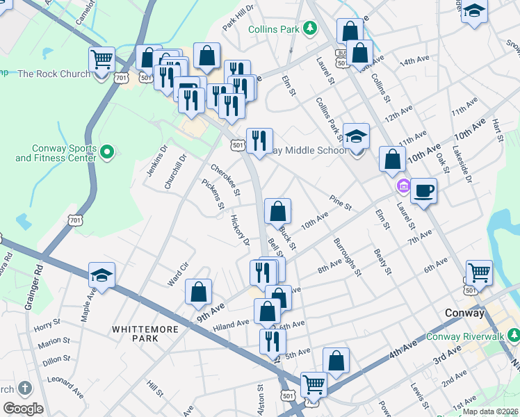 map of restaurants, bars, coffee shops, grocery stores, and more near 1208 Church Street in Conway