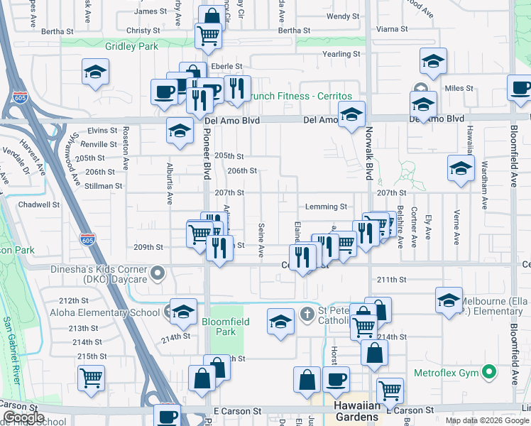 map of restaurants, bars, coffee shops, grocery stores, and more near 11441 216th Street in Lakewood