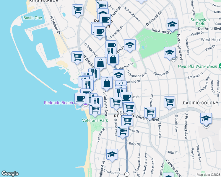 map of restaurants, bars, coffee shops, grocery stores, and more near 115 South Broadway in Redondo Beach