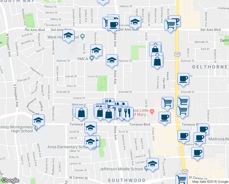 map of restaurants, bars, coffee shops, grocery stores, and more near 4600 Emerald Street in Torrance
