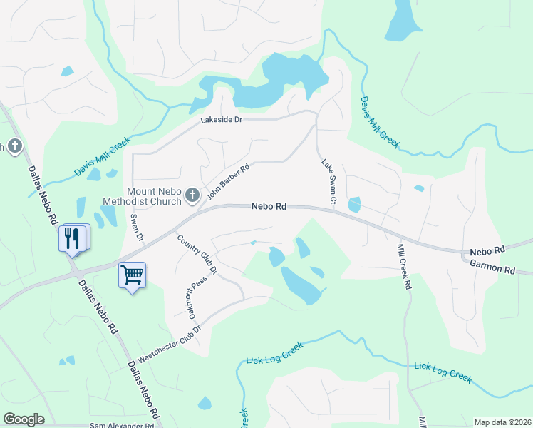 map of restaurants, bars, coffee shops, grocery stores, and more near 3948 Nebo Road in Hiram