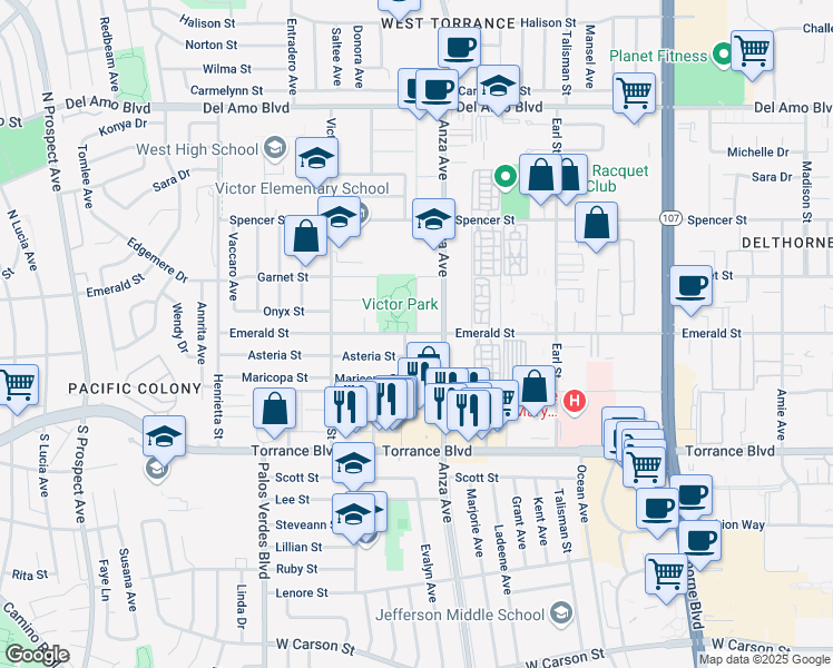 map of restaurants, bars, coffee shops, grocery stores, and more near 4715 Emerald Street in Torrance