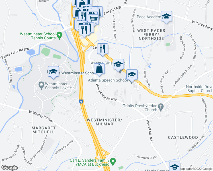 map of restaurants, bars, coffee shops, grocery stores, and more near 3146 Downwood Circle Northwest in Atlanta