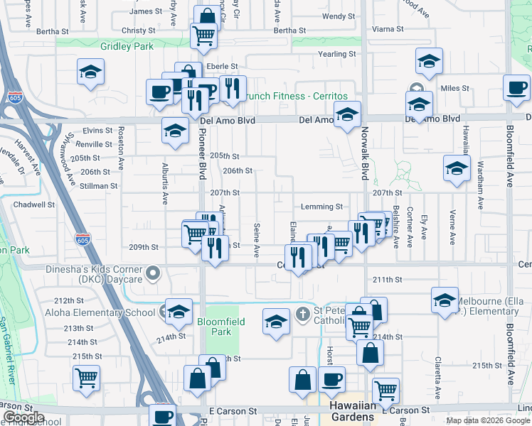 map of restaurants, bars, coffee shops, grocery stores, and more near 20732 Seine Avenue in Lakewood