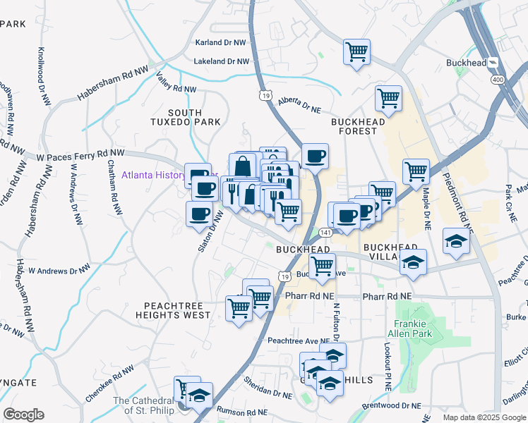map of restaurants, bars, coffee shops, grocery stores, and more near 3188 Paces Ferry Place Northwest in Atlanta