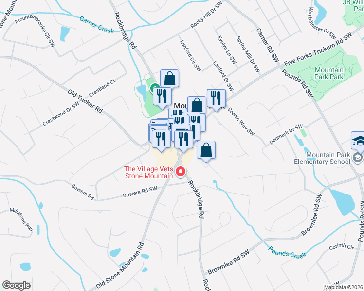 map of restaurants, bars, coffee shops, grocery stores, and more near 5385 5 Forks Trickum Rd in Stone Mountain