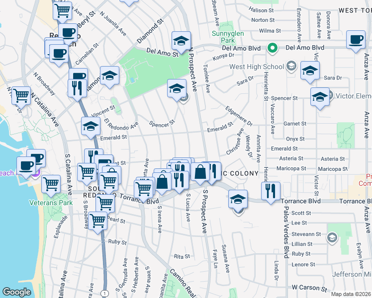 map of restaurants, bars, coffee shops, grocery stores, and more near 119 South Lucia Avenue in Redondo Beach