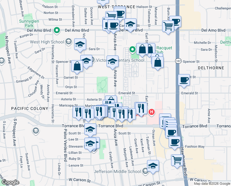 map of restaurants, bars, coffee shops, grocery stores, and more near Anza Ave & Emerald St in Redondo Beach