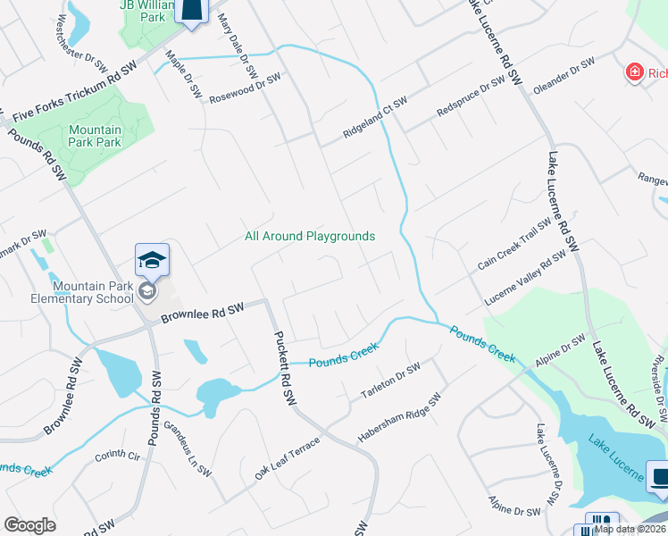 map of restaurants, bars, coffee shops, grocery stores, and more near 1431 Threepine Place Southwest in Lilburn