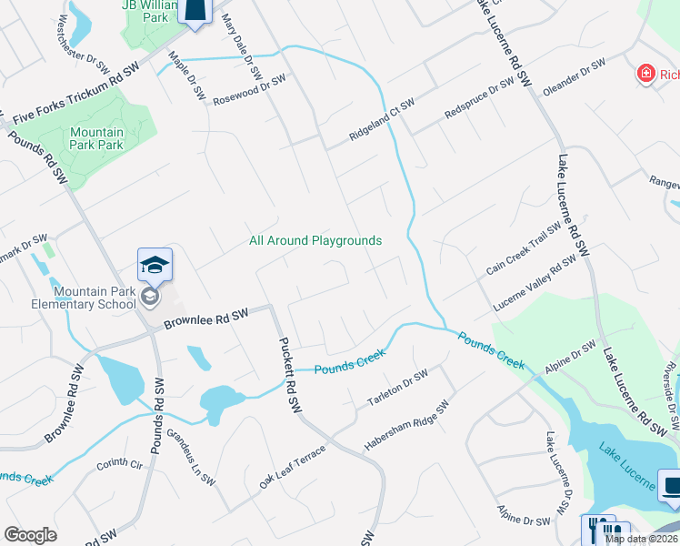 map of restaurants, bars, coffee shops, grocery stores, and more near 1431 Threepine Place Southwest in Lilburn