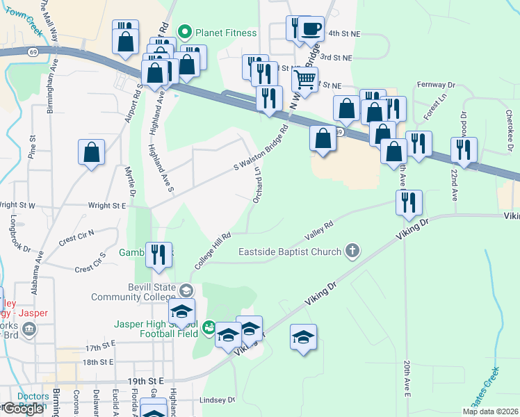 map of restaurants, bars, coffee shops, grocery stores, and more near 1001 Orchard Lane in Jasper