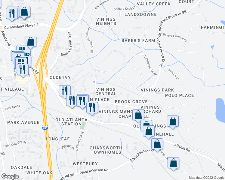 map of restaurants, bars, coffee shops, grocery stores, and more near 2607 Vinings Central Run Southeast in Smyrna