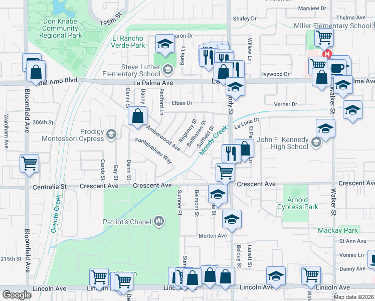 map of restaurants, bars, coffee shops, grocery stores, and more near 8312 Bellhaven Street in La Palma