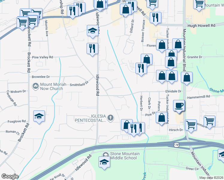 map of restaurants, bars, coffee shops, grocery stores, and more near 4331 Sasanqua Court in Tucker