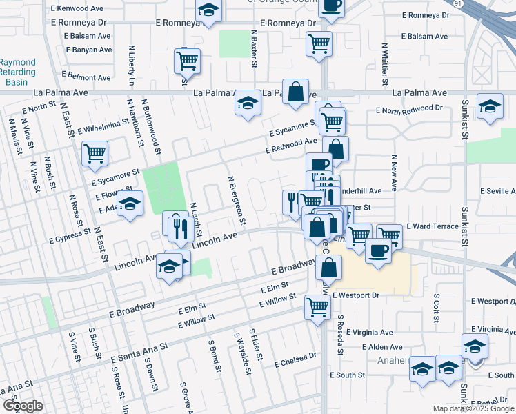 map of restaurants, bars, coffee shops, grocery stores, and more near 124 North Evelyn Drive in Anaheim