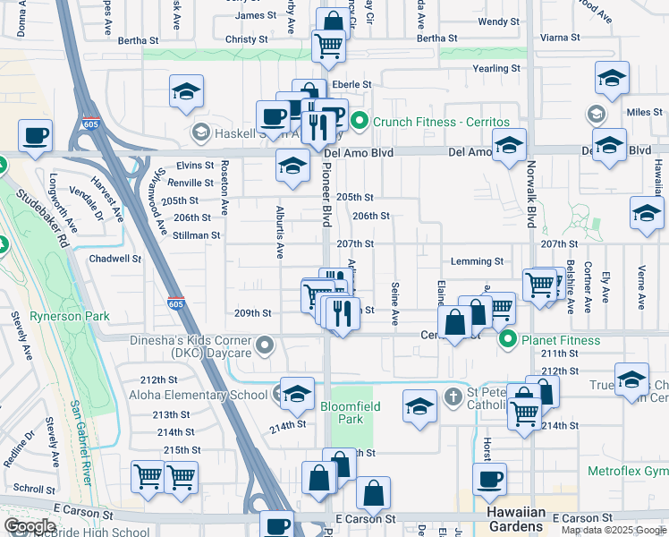 map of restaurants, bars, coffee shops, grocery stores, and more near 20802 Pioneer Boulevard in Lakewood