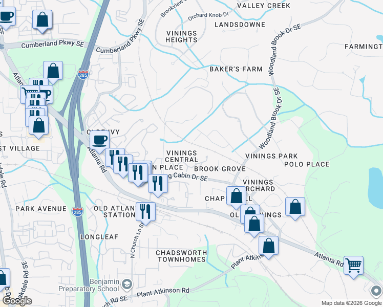 map of restaurants, bars, coffee shops, grocery stores, and more near 2607 Vinings Central Run Southeast in Atlanta