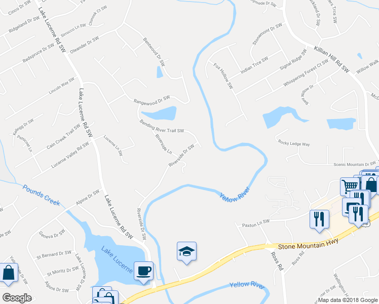 map of restaurants, bars, coffee shops, grocery stores, and more near 4334 Riverside Drive Southwest in Lilburn