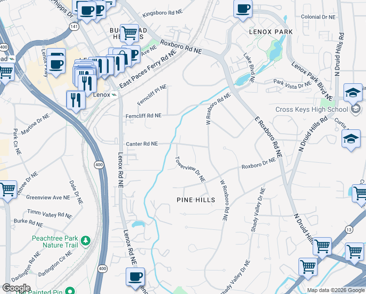 map of restaurants, bars, coffee shops, grocery stores, and more near 1075 Canter Road Northeast in Atlanta