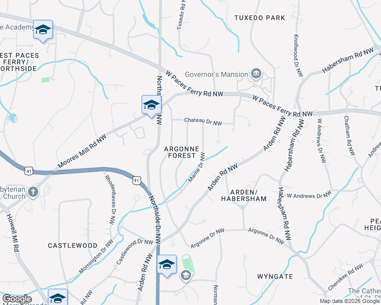 map of restaurants, bars, coffee shops, grocery stores, and more near 3179 Verdun Drive Northwest in Atlanta