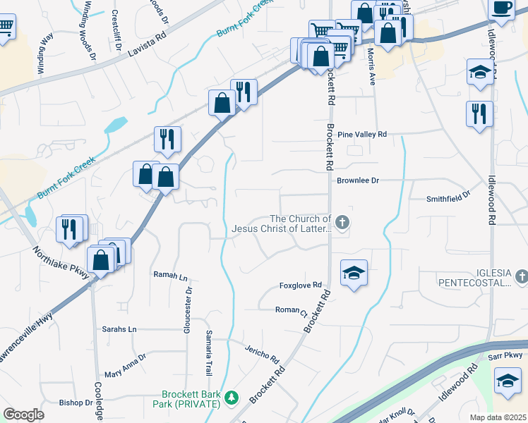 map of restaurants, bars, coffee shops, grocery stores, and more near 3944 Woburn Drive in Tucker
