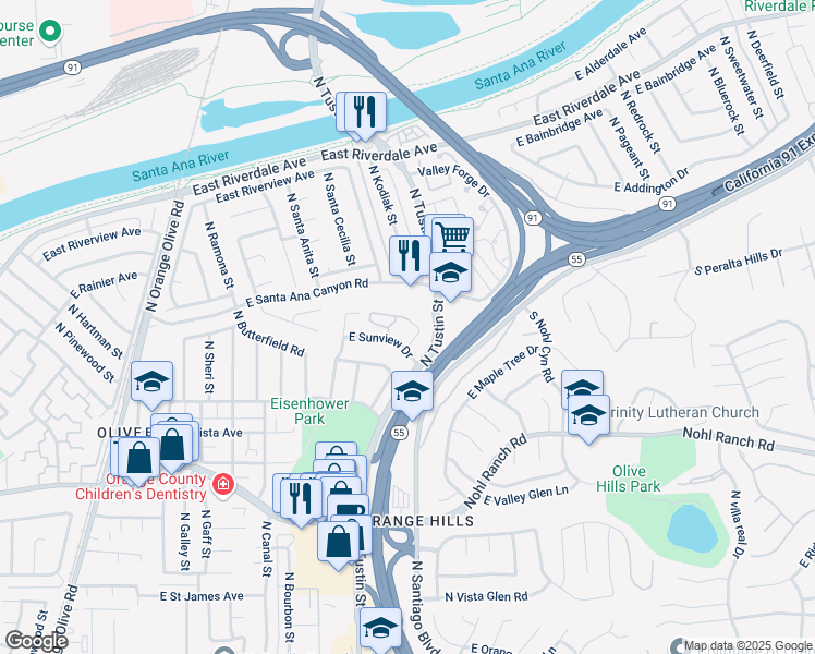 map of restaurants, bars, coffee shops, grocery stores, and more near 1903 Bolingridge Drive in Orange