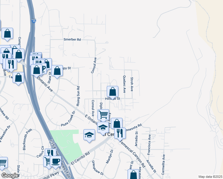 map of restaurants, bars, coffee shops, grocery stores, and more near 19170 Envoy Avenue in Corona