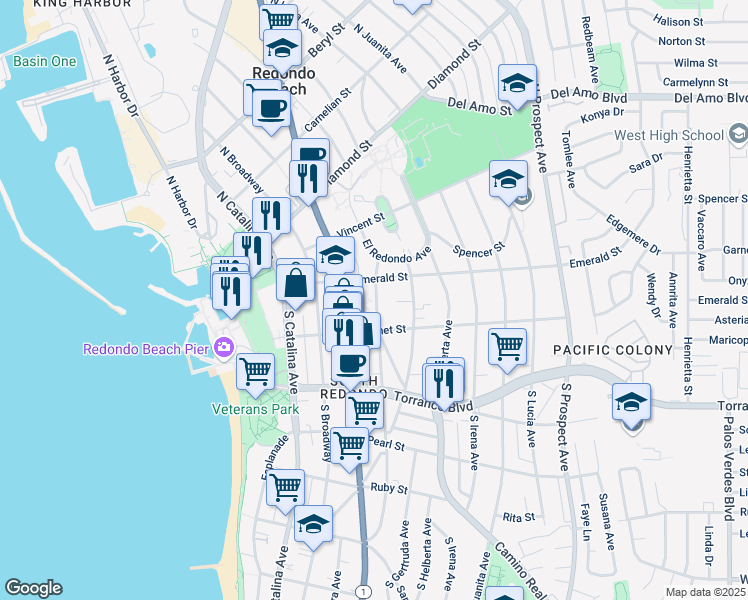 map of restaurants, bars, coffee shops, grocery stores, and more near 107 South Francisca Avenue in Redondo Beach