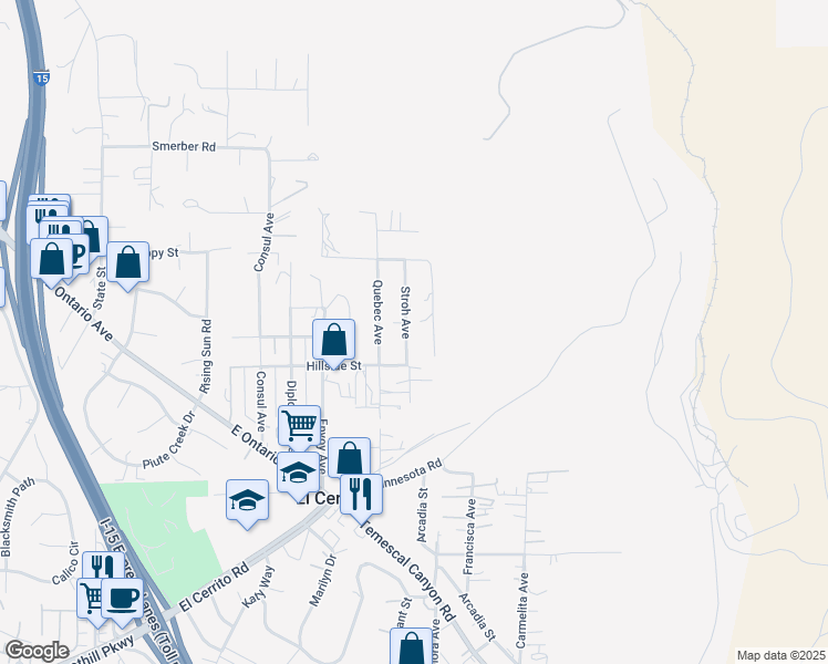 map of restaurants, bars, coffee shops, grocery stores, and more near 19170 Stroh Avenue in Corona
