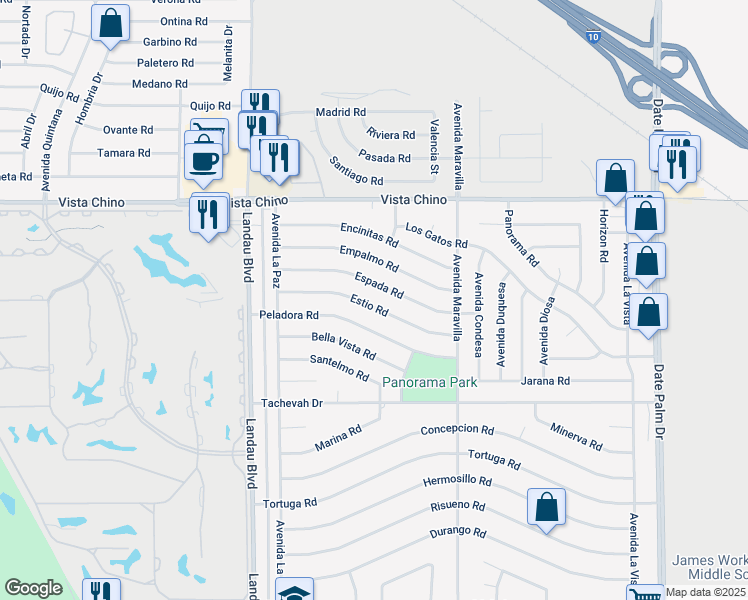 map of restaurants, bars, coffee shops, grocery stores, and more near 68180 Estio Road in Cathedral City