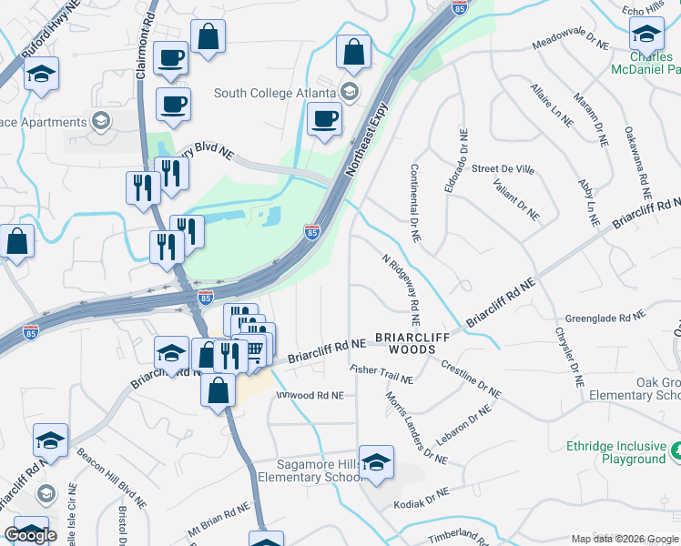 map of restaurants, bars, coffee shops, grocery stores, and more near 1986 Fisher Trail Northeast in Atlanta