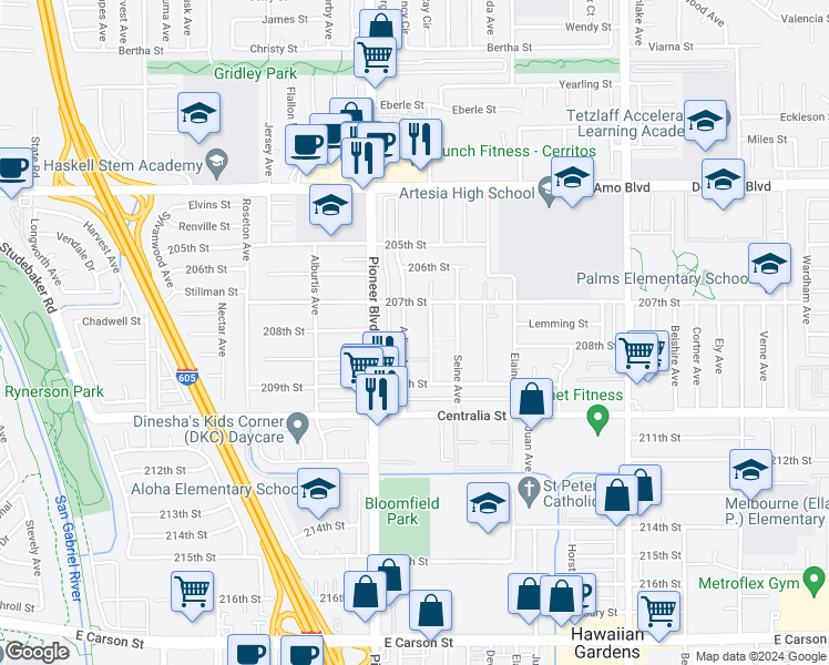 map of restaurants, bars, coffee shops, grocery stores, and more near 20732 Arline Avenue in Lakewood