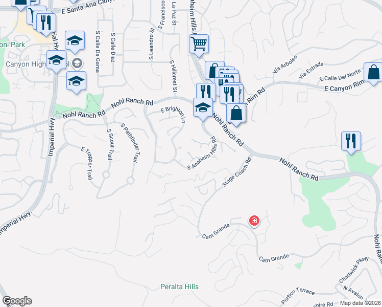 map of restaurants, bars, coffee shops, grocery stores, and more near 6009 East Summit Court in Anaheim