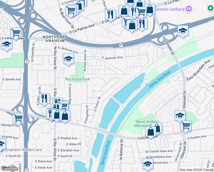 map of restaurants, bars, coffee shops, grocery stores, and more near 104 South Queensbury Street in Anaheim