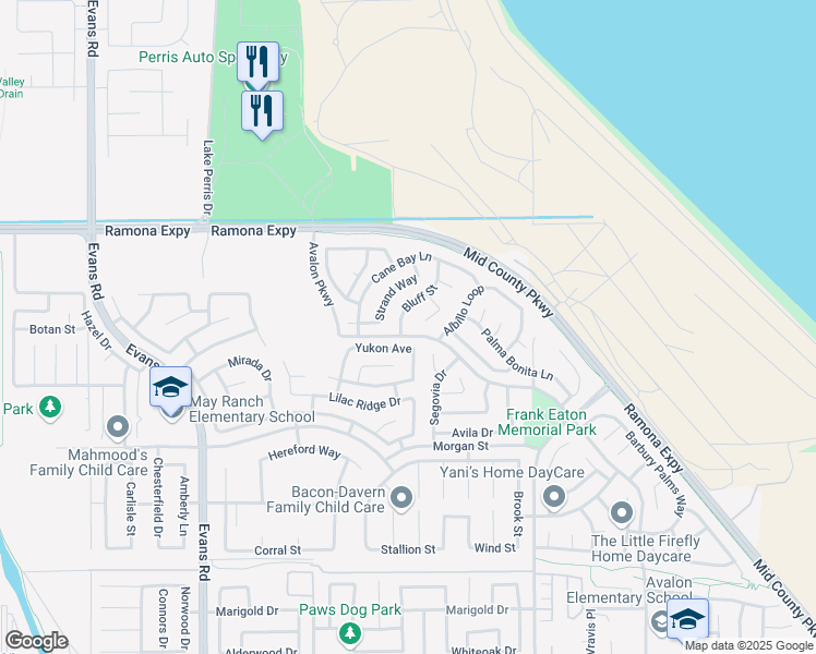 map of restaurants, bars, coffee shops, grocery stores, and more near 3851 Bluff Street in Perris