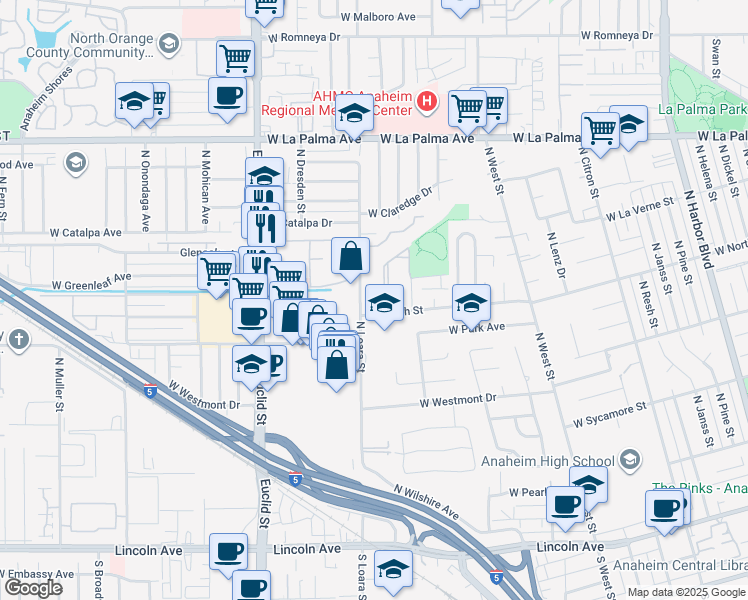 map of restaurants, bars, coffee shops, grocery stores, and more near 1515 West North Street in Anaheim