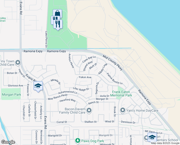 map of restaurants, bars, coffee shops, grocery stores, and more near 3851 Bluff Street in Perris