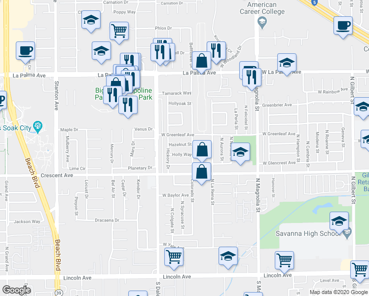 map of restaurants, bars, coffee shops, grocery stores, and more near 8638 Hazelnut Street in Buena Park