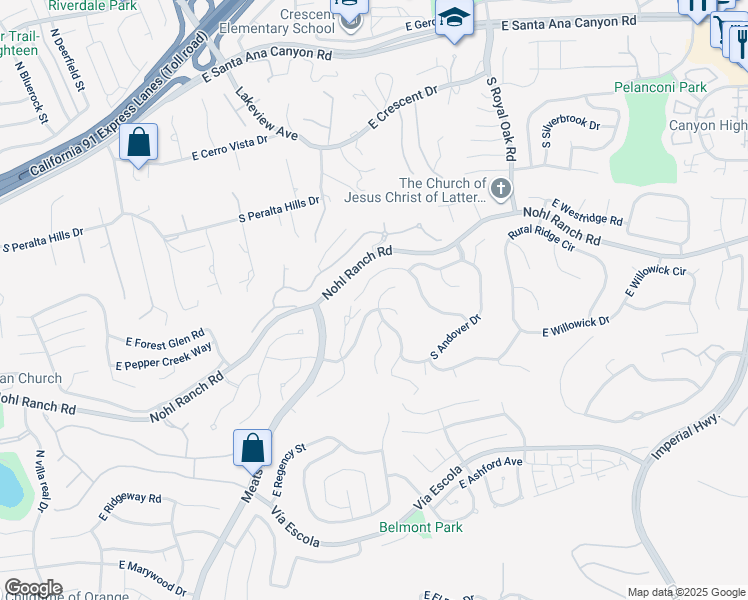 map of restaurants, bars, coffee shops, grocery stores, and more near 580 Londerry Lane in Anaheim