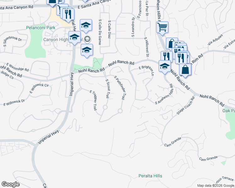 map of restaurants, bars, coffee shops, grocery stores, and more near 5985 E Settler Ct in Anaheim