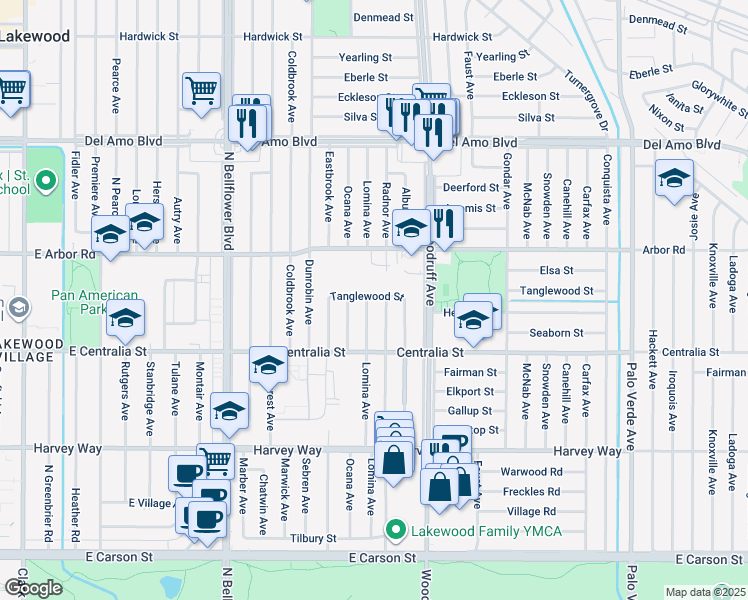 map of restaurants, bars, coffee shops, grocery stores, and more near 4562 Lomina Avenue in Lakewood