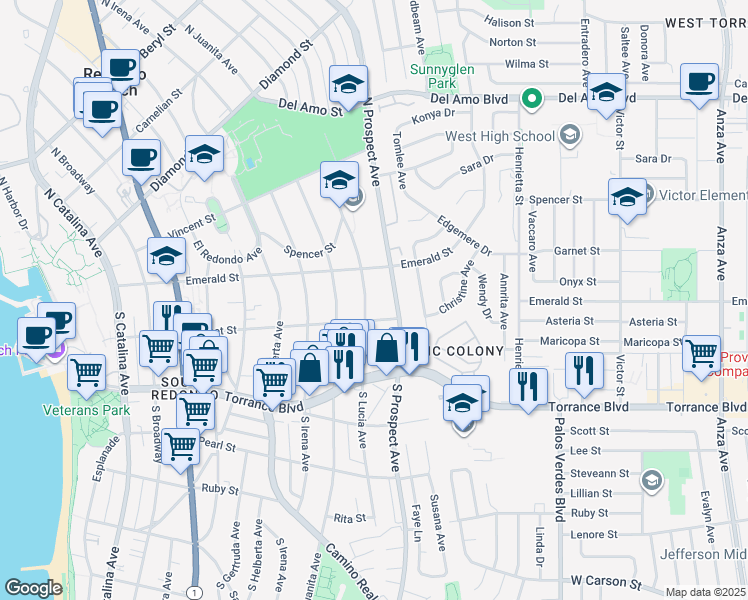 map of restaurants, bars, coffee shops, grocery stores, and more near 115 South Prospect Avenue in Redondo Beach