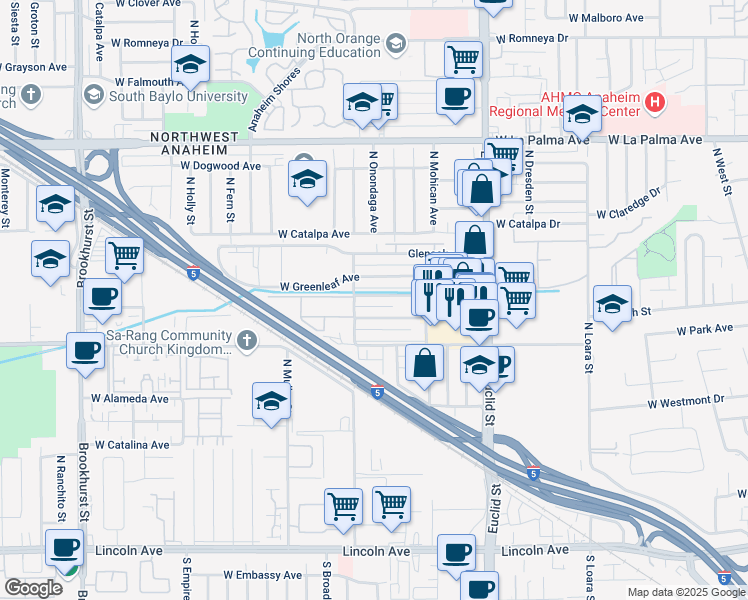 map of restaurants, bars, coffee shops, grocery stores, and more near 1821 West Gramercy Avenue in Anaheim