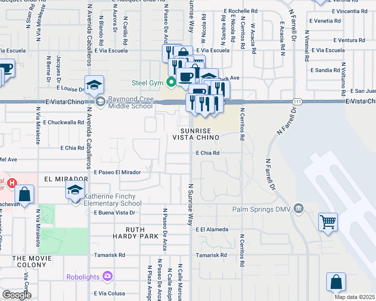 map of restaurants, bars, coffee shops, grocery stores, and more near 1415 North Sunrise Way in Palm Springs