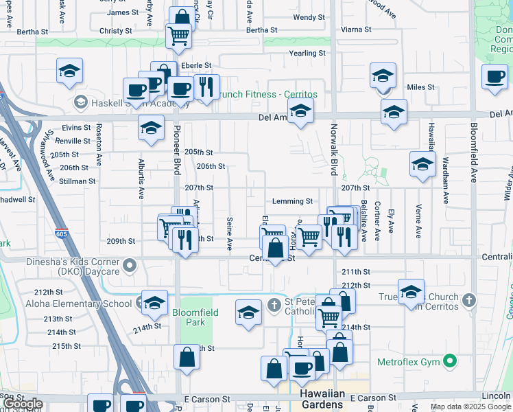 map of restaurants, bars, coffee shops, grocery stores, and more near 20733 Elaine Avenue in Lakewood