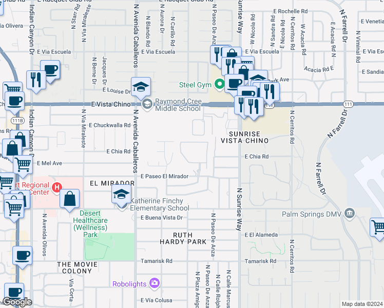 map of restaurants, bars, coffee shops, grocery stores, and more near 1314 Culver Place in Palm Springs