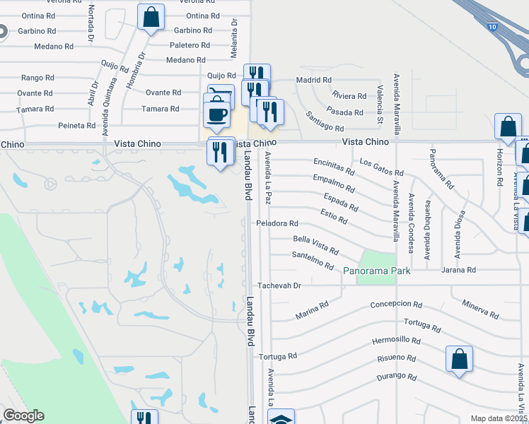 map of restaurants, bars, coffee shops, grocery stores, and more near 28421 Avenida La Paz in Cathedral City