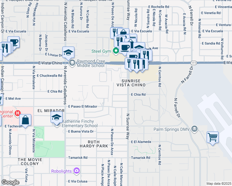 map of restaurants, bars, coffee shops, grocery stores, and more near 1346 Barrymore Place in Palm Springs